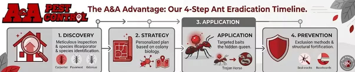 Infographic showing the 4-step professional ant control process: Discovery, Strategy, Application, and Prevention by A&A Pest Control.