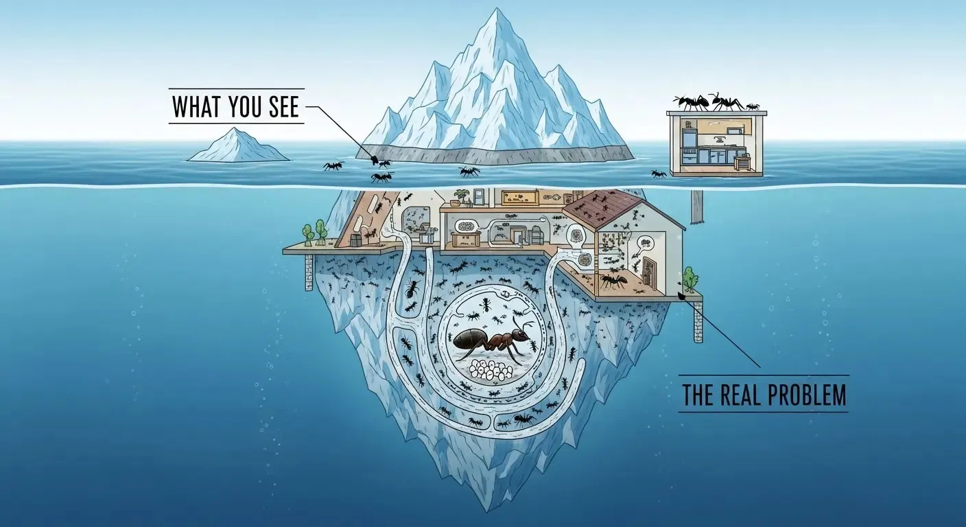 An illustration of an iceberg representing an ant infestation. The small tip above water shows a few ants on a counter, labeled 'What You See.' The massive, hidden base below water shows a large ant colony with a queen, labeled 'The Real Problem.'