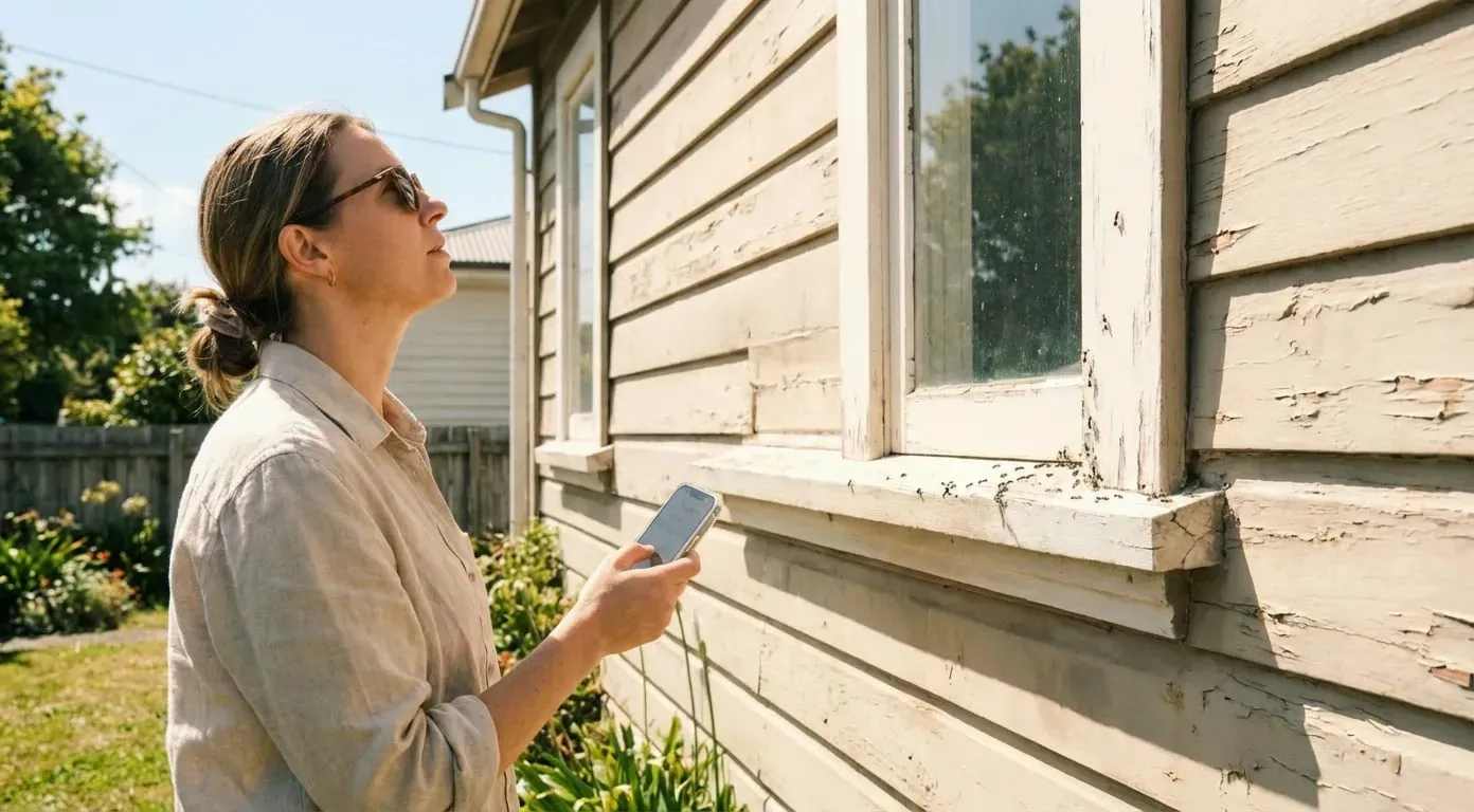 A homeowner looking up at the siding of her house