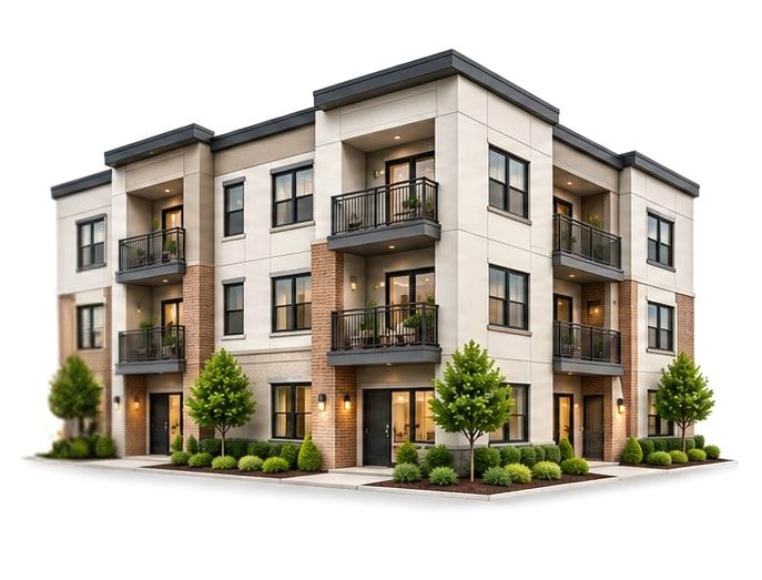 A three-storey apartment building with balconies, brick accents and landscaping