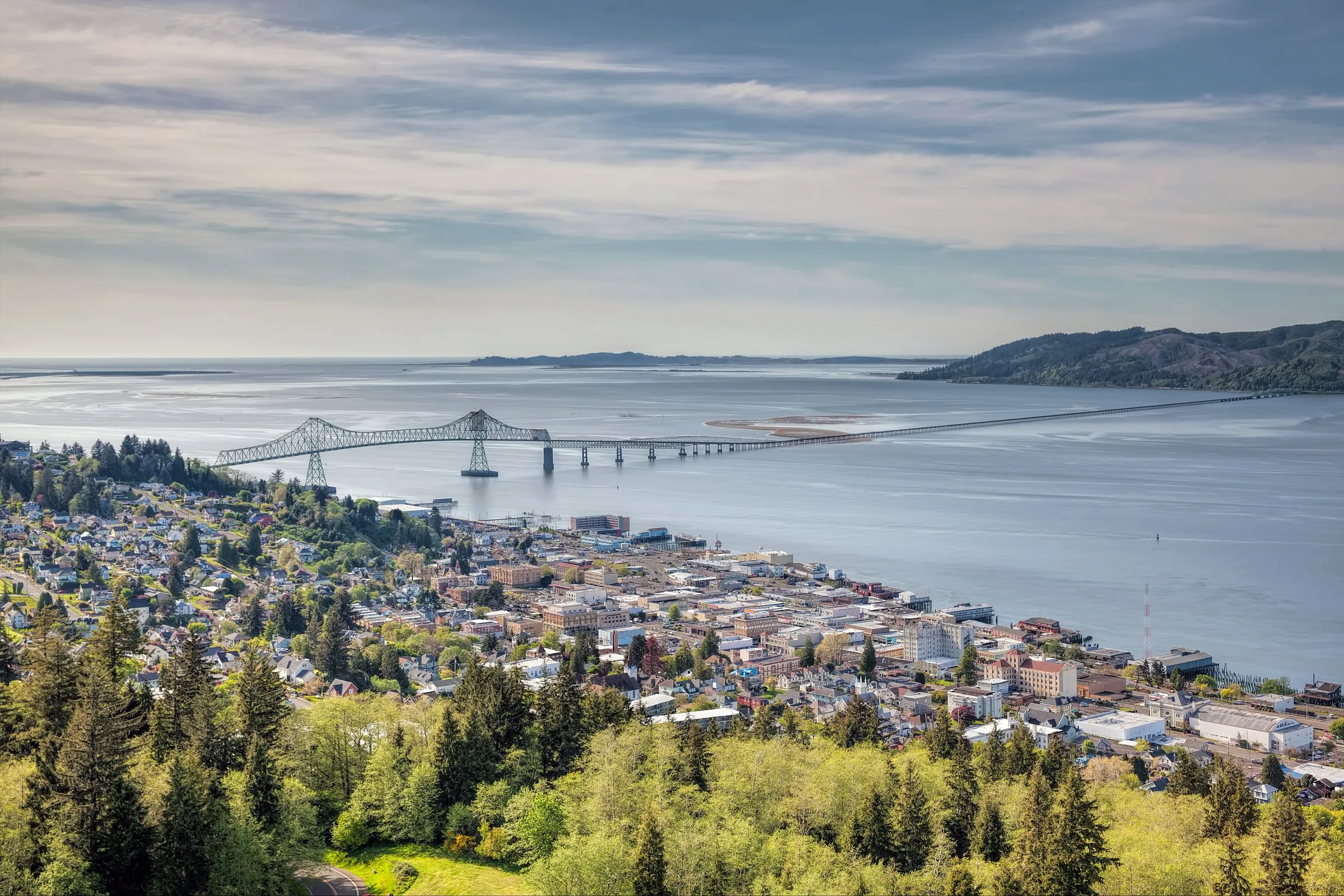A view over Astoria, Oregon, and the bridge across the Columbia River