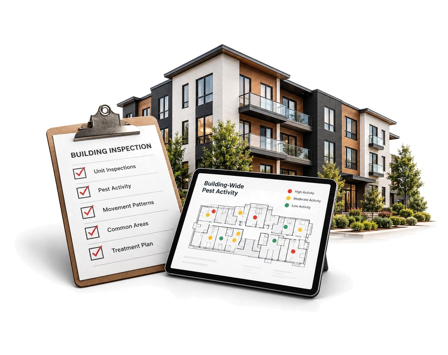 An apartment building behind an inspection clipboard and a tablet showing a building-wide pest activity map