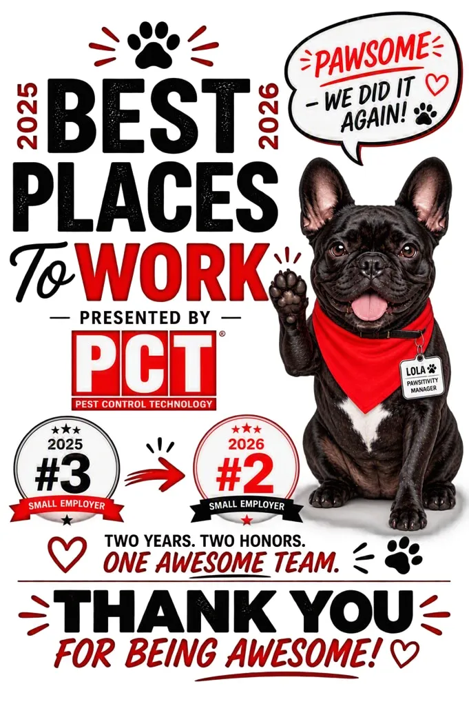 A&A's Best Places to Work poster: named one of PCT's Best Places to Work, #3 small employer in 2025 and #2 in 2026, with Lola waving and a thank-you for being awesome