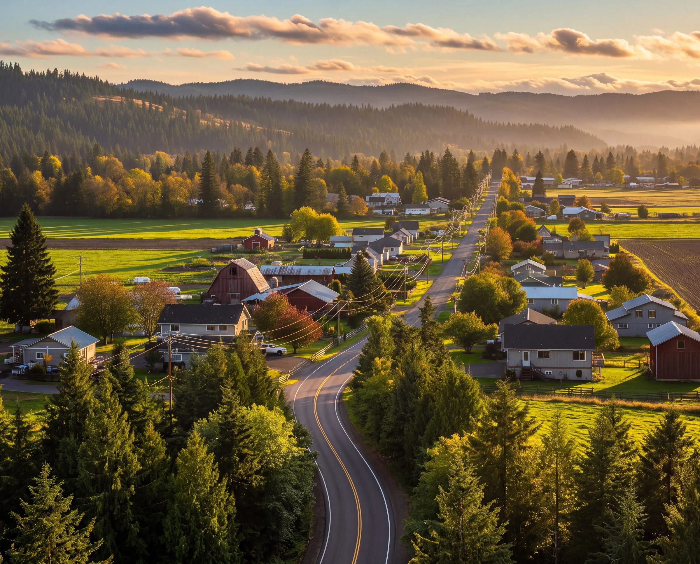 A country road winding past farms and fir trees in Brush Prairie, Washington, in golden light