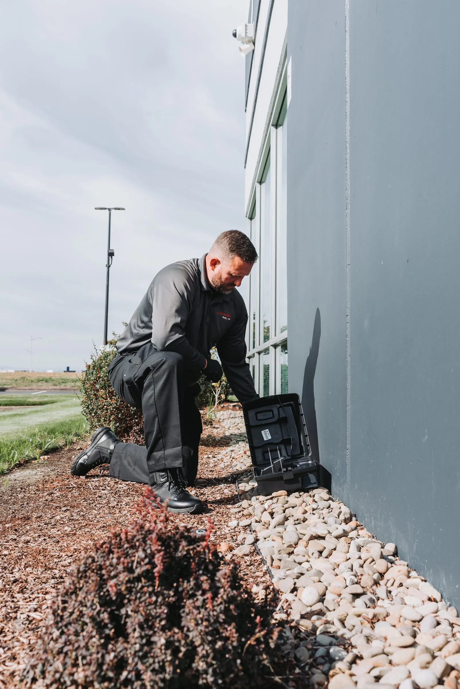 An A&A technician checking a rodent bait station along the wall of a building