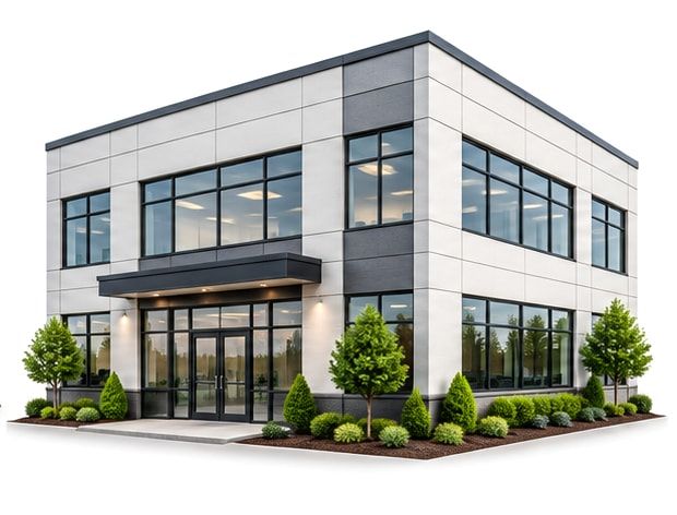 A two-storey office building with large windows and landscaping