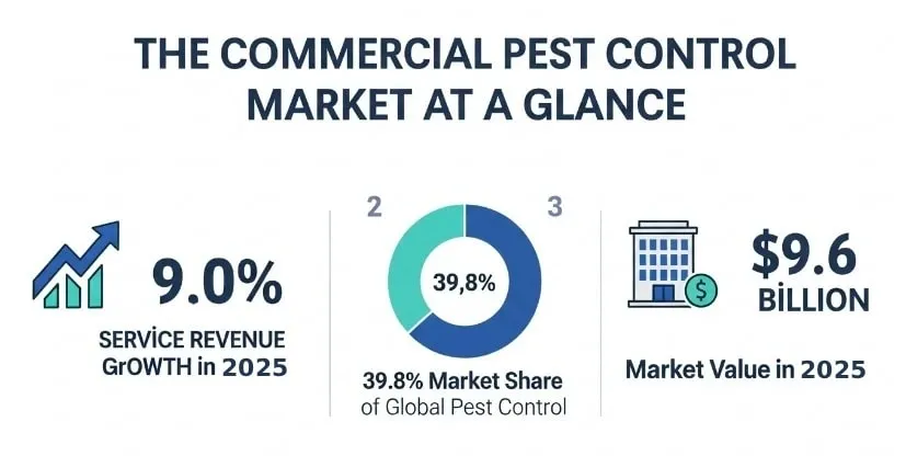Infographic: the commercial pest control market at a glance, with 9.0% service revenue growth in 2025, a 39.8% share of global pest control, and a $9.6 billion market value in 2025