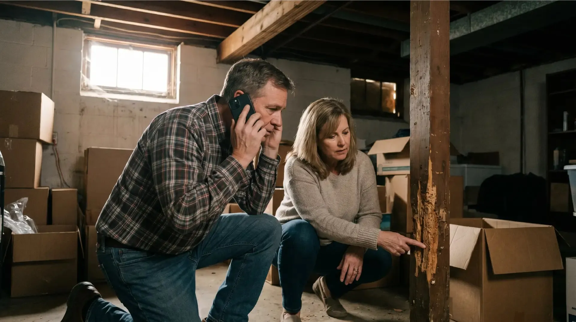 Two homeowners looking at termite damage on a wooden post in their basement