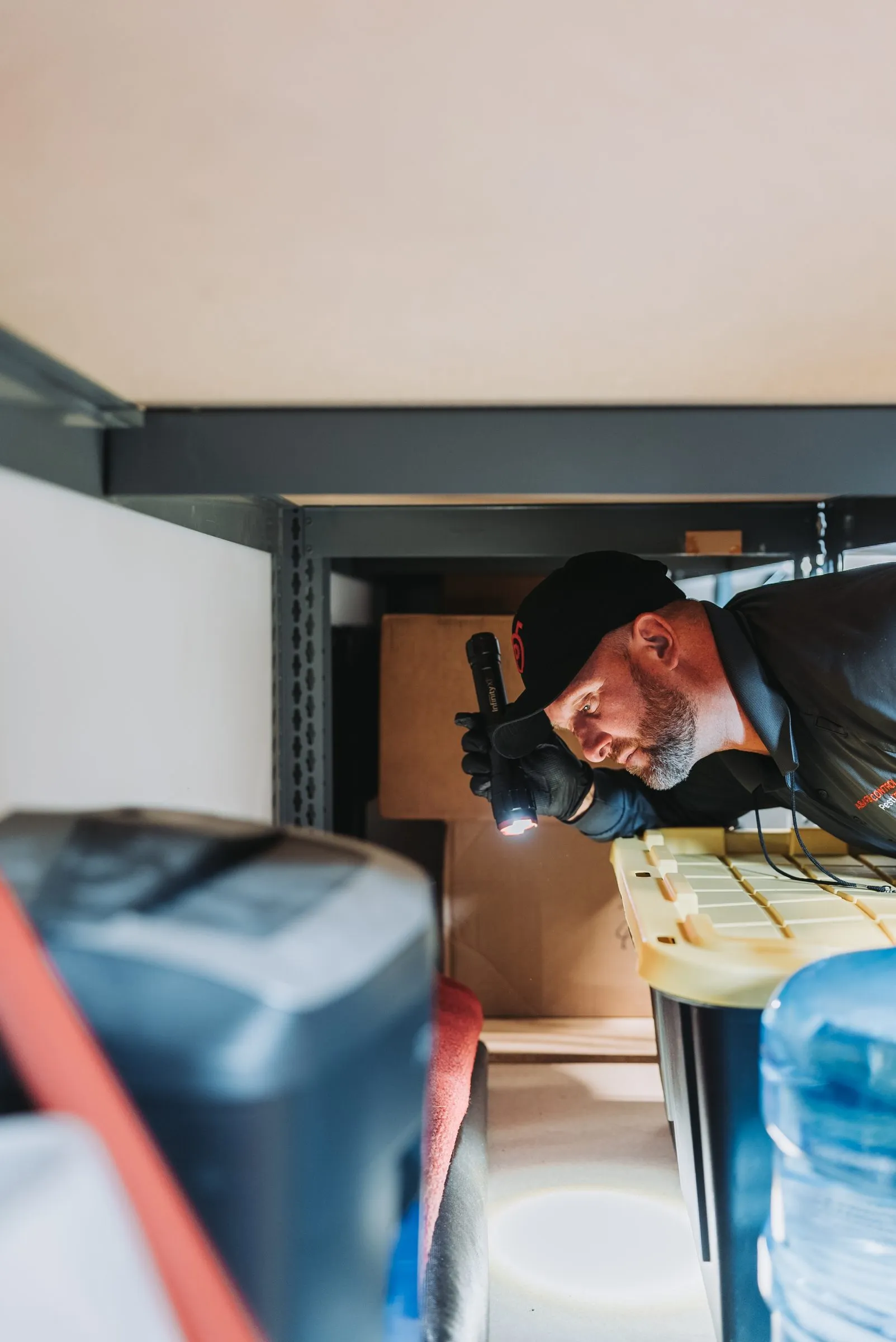 An A&A technician checking stored supplies on a warehouse shelf with a flashlight