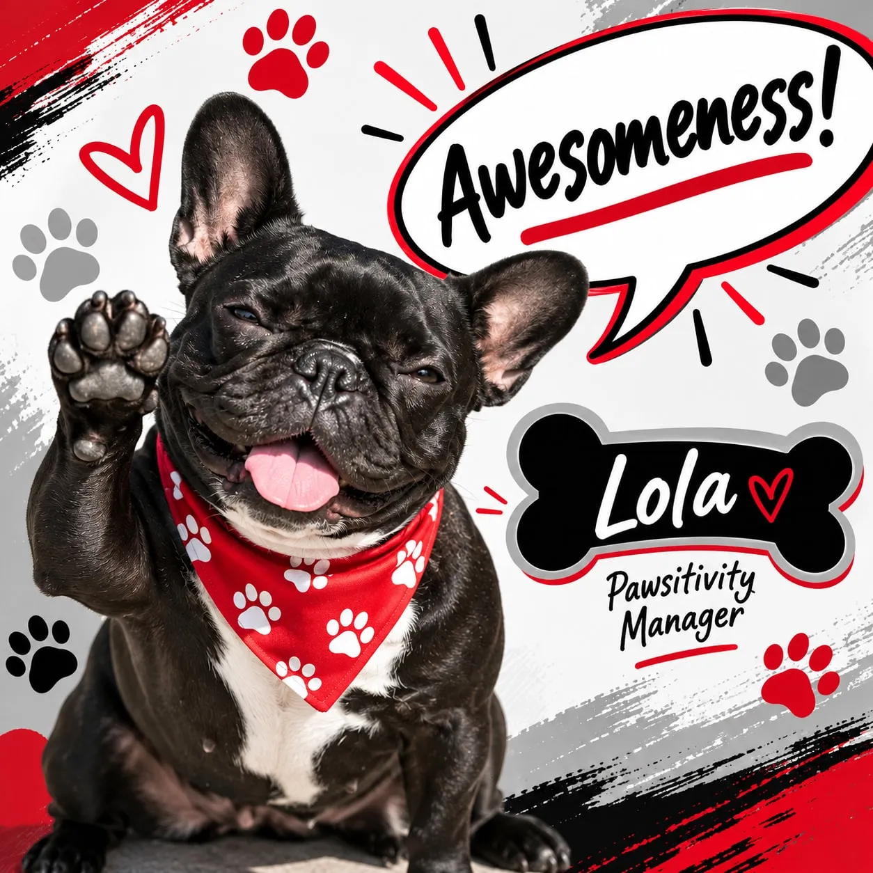 Lola, A&A's Pawsitivity Manager, a French bulldog in a red paw-print bandana raising a paw beside an Awesomeness! speech bubble