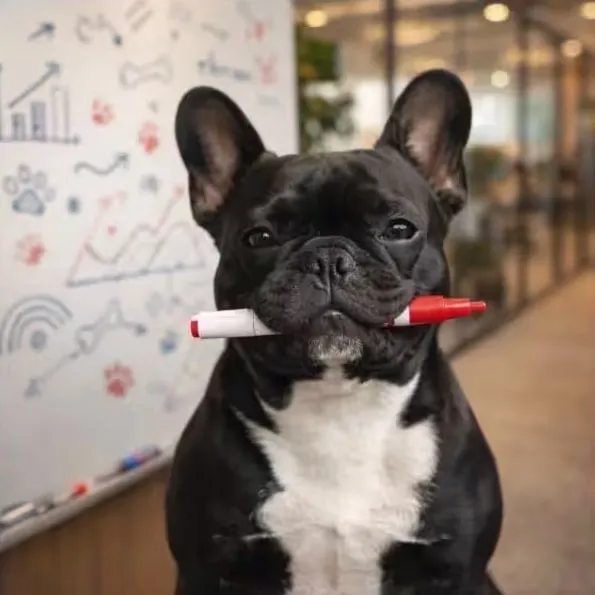 Lola the French bulldog, A&A's Pawsitivity Manager, with a marker in her mouth in front of a whiteboard
