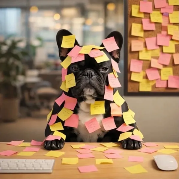 Lola, A&A's Pawsitivity Manager, sitting at a desk covered head to paw in sticky notes