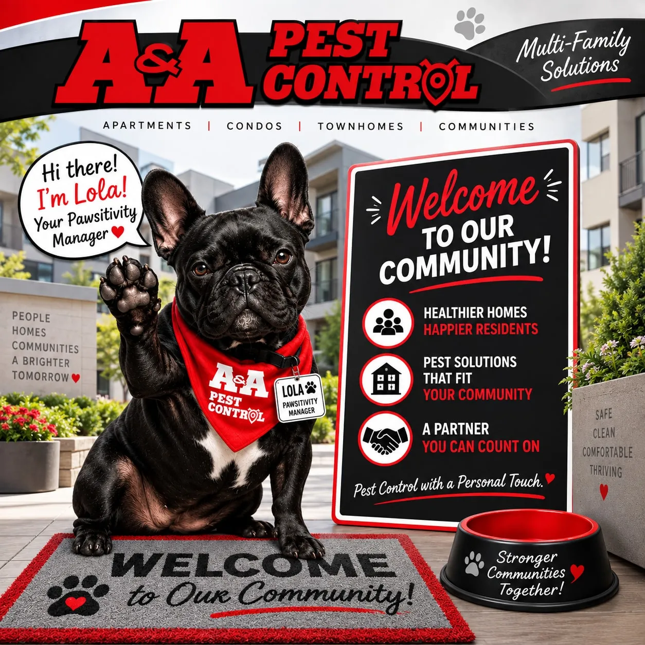 Lola, A&A's Pawsitivity Manager, waving beside a Welcome to Our Community sign for A&A's multi-family solutions: healthier homes and happier residents, pest solutions that fit your community, and a partner you can count on