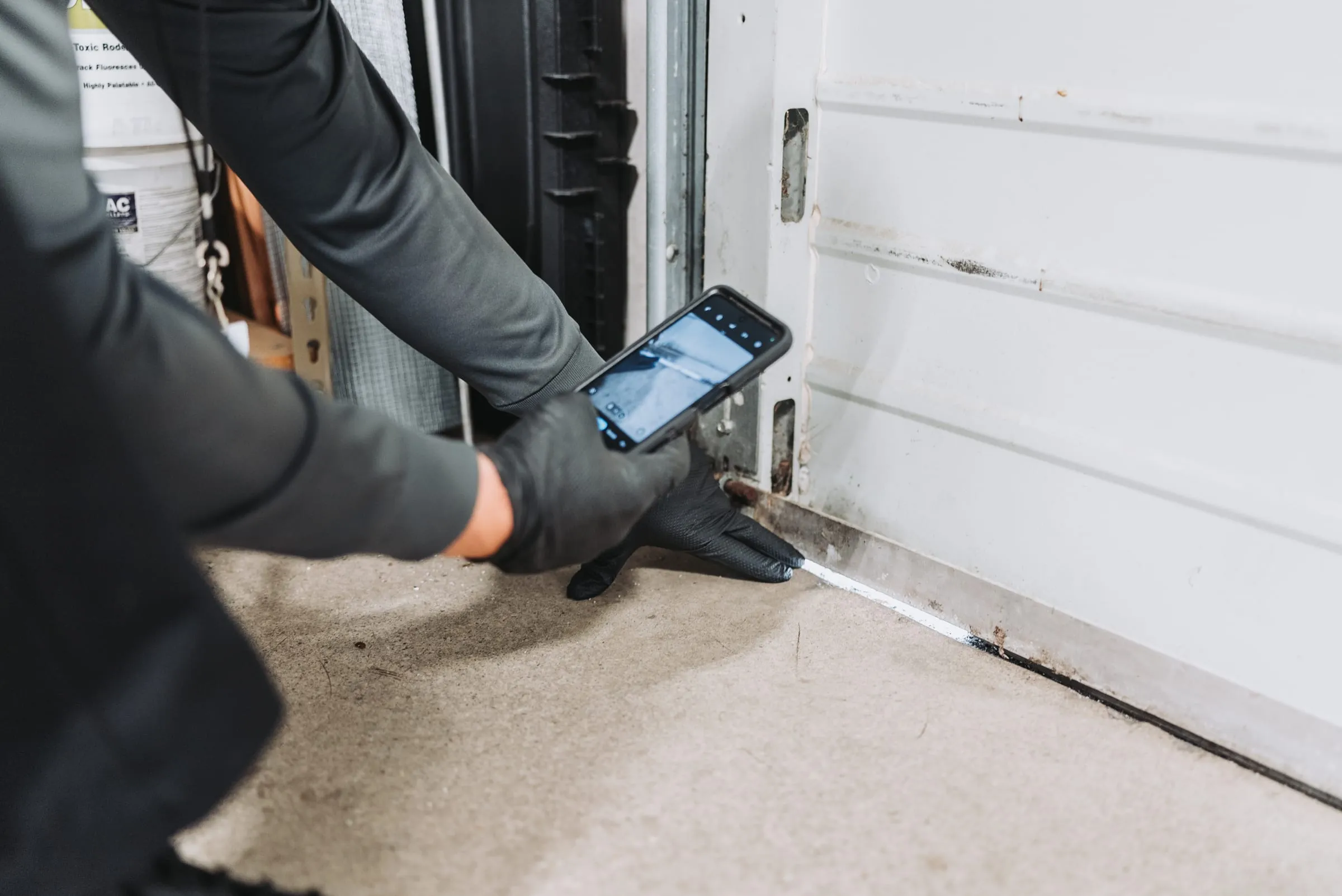 An A&A technician checking the gap under a door with a phone camera