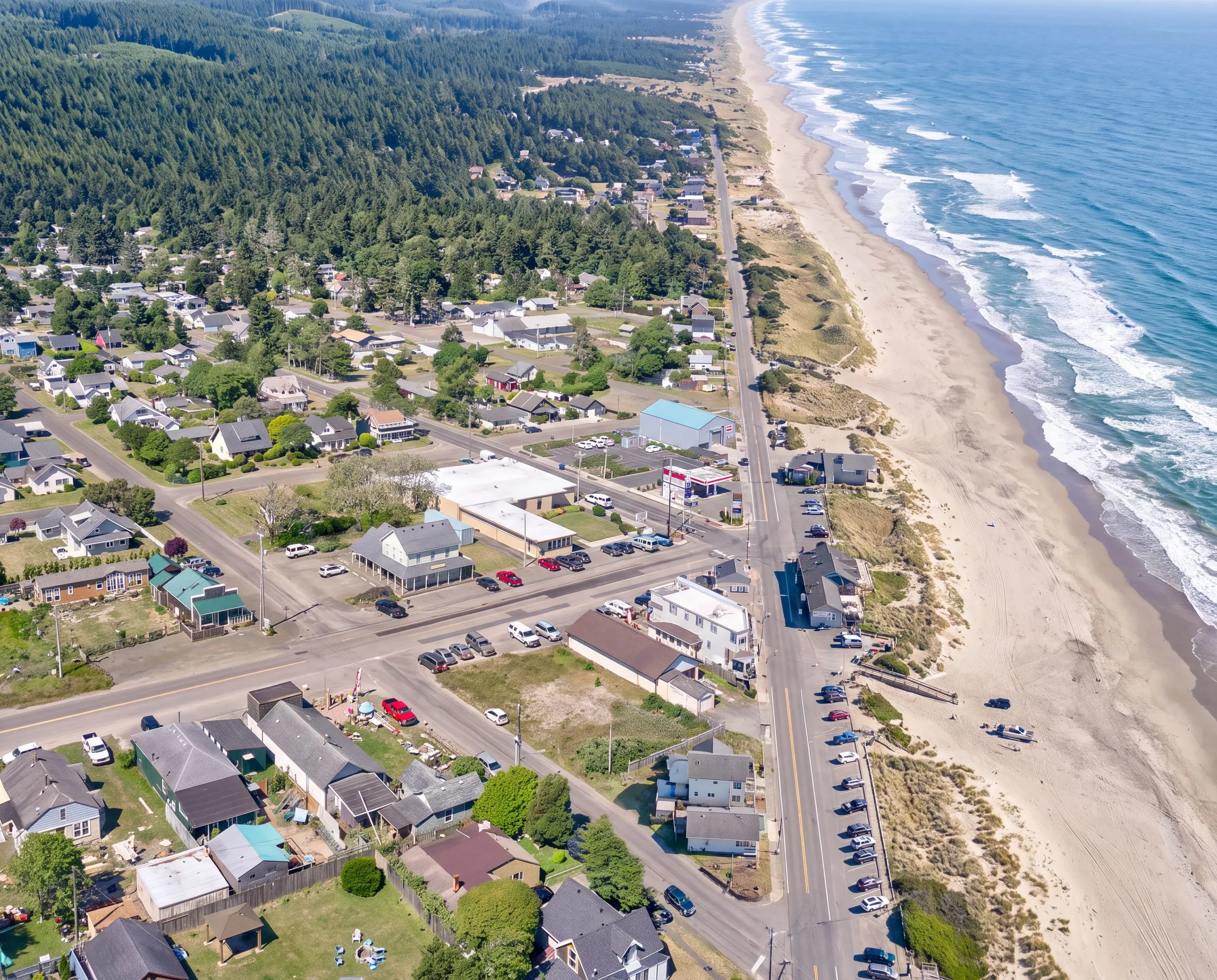 An aerial view of Ocean Park, Washington, with its main street running along the beach