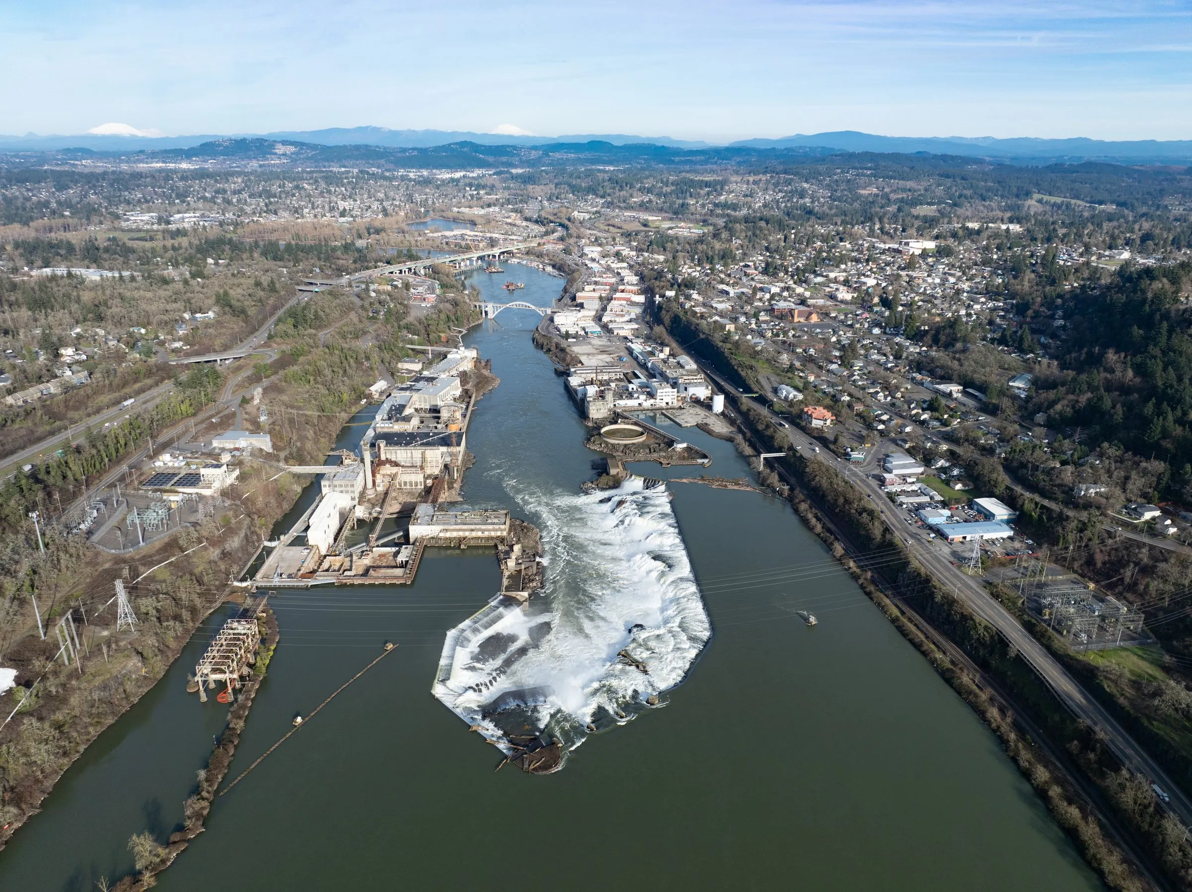An aerial view of Oregon City, Oregon, and the Willamette River at the falls