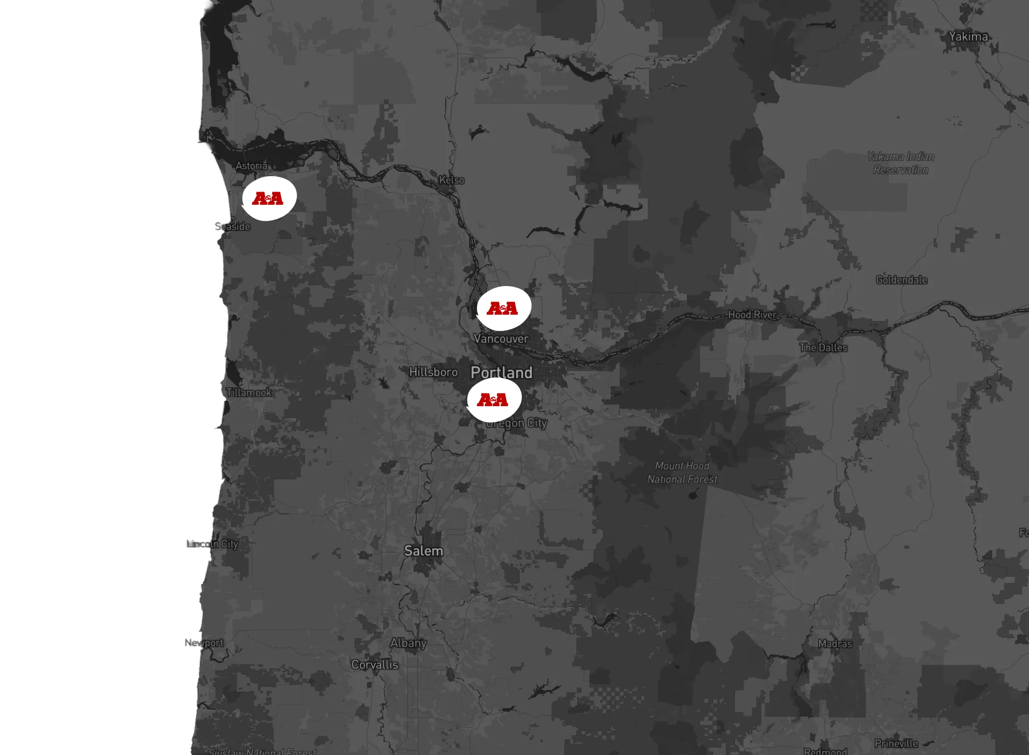 Map of the A&A Pest Control service area, from Astoria on the Oregon Coast through Portland to Vancouver, Washington, with the A&A offices marked in Astoria, Vancouver and Portland