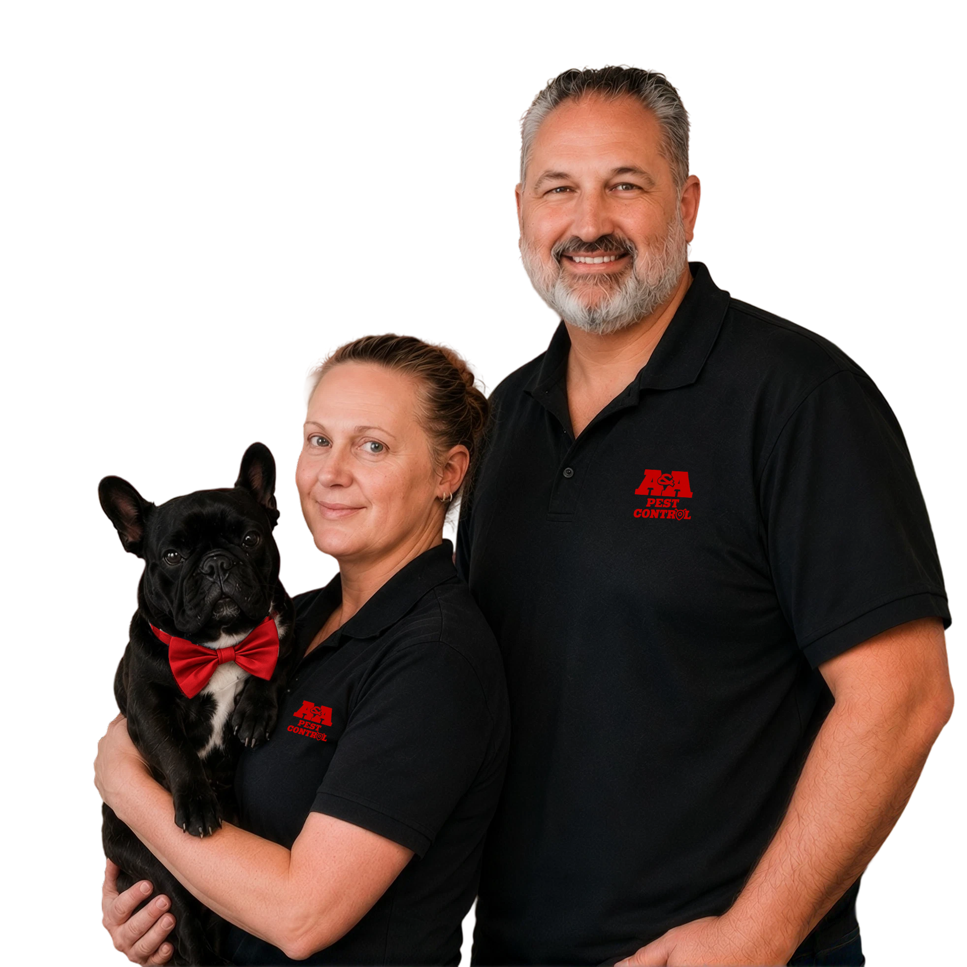 Owners Steve and Tanya Wittig in A&A Pest Control shirts, with Tanya holding Lola, a black French bulldog in a red bow tie