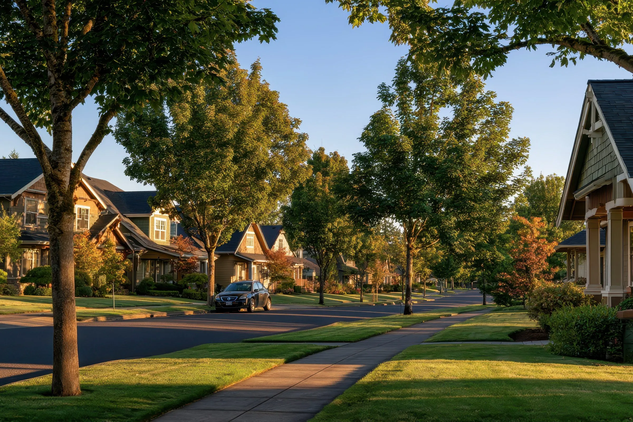 A tree-lined residential street in Troutdale, Oregon