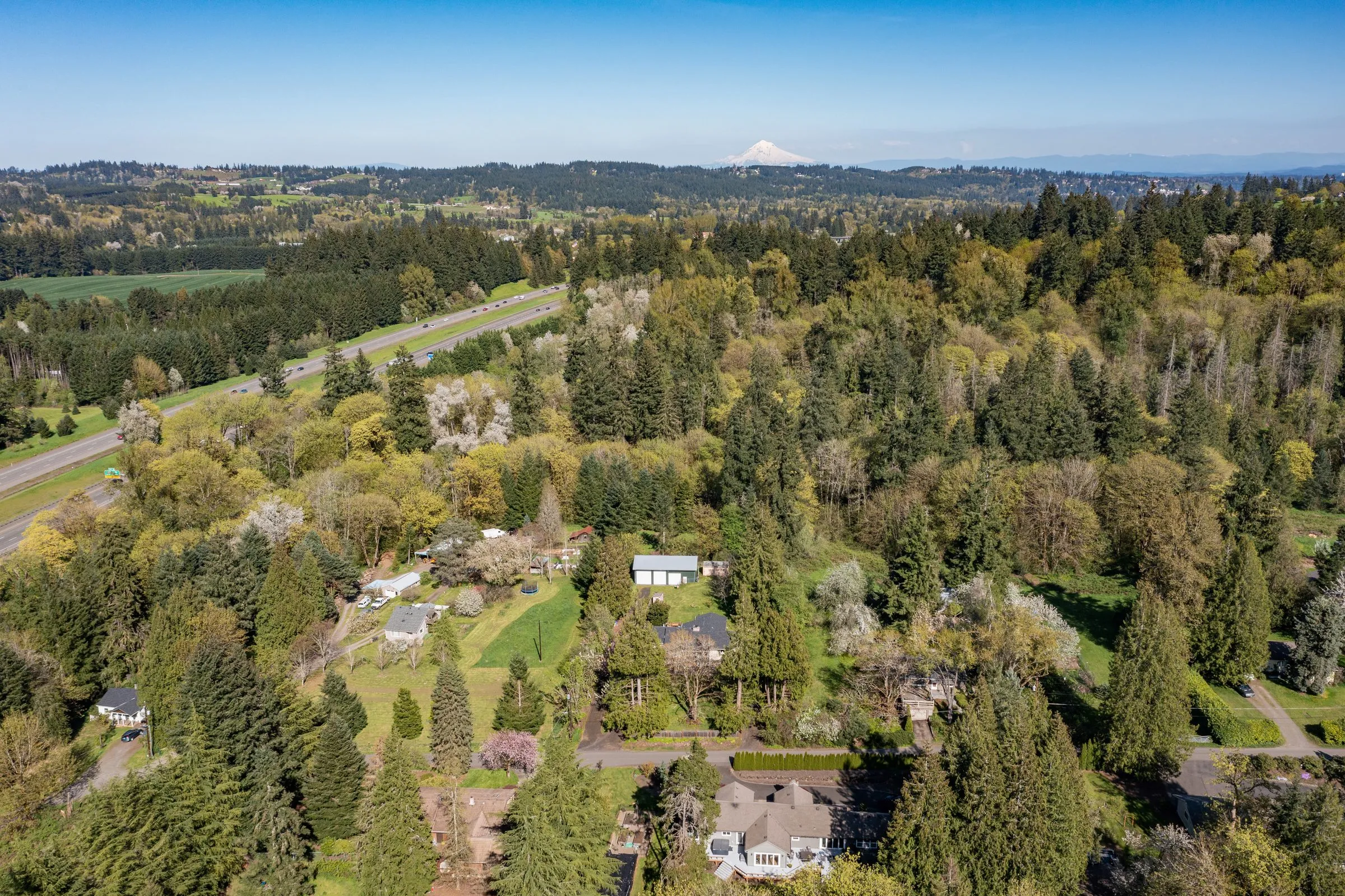 An aerial view of Tualatin, Oregon, with trees and a snow-capped peak in the distance
