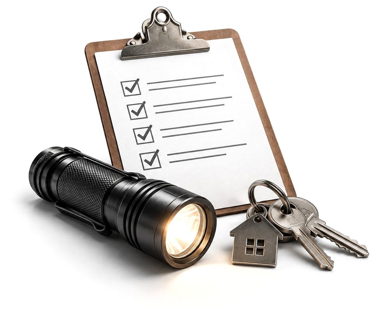 An inspection checklist on a clipboard with a flashlight and a set of house keys