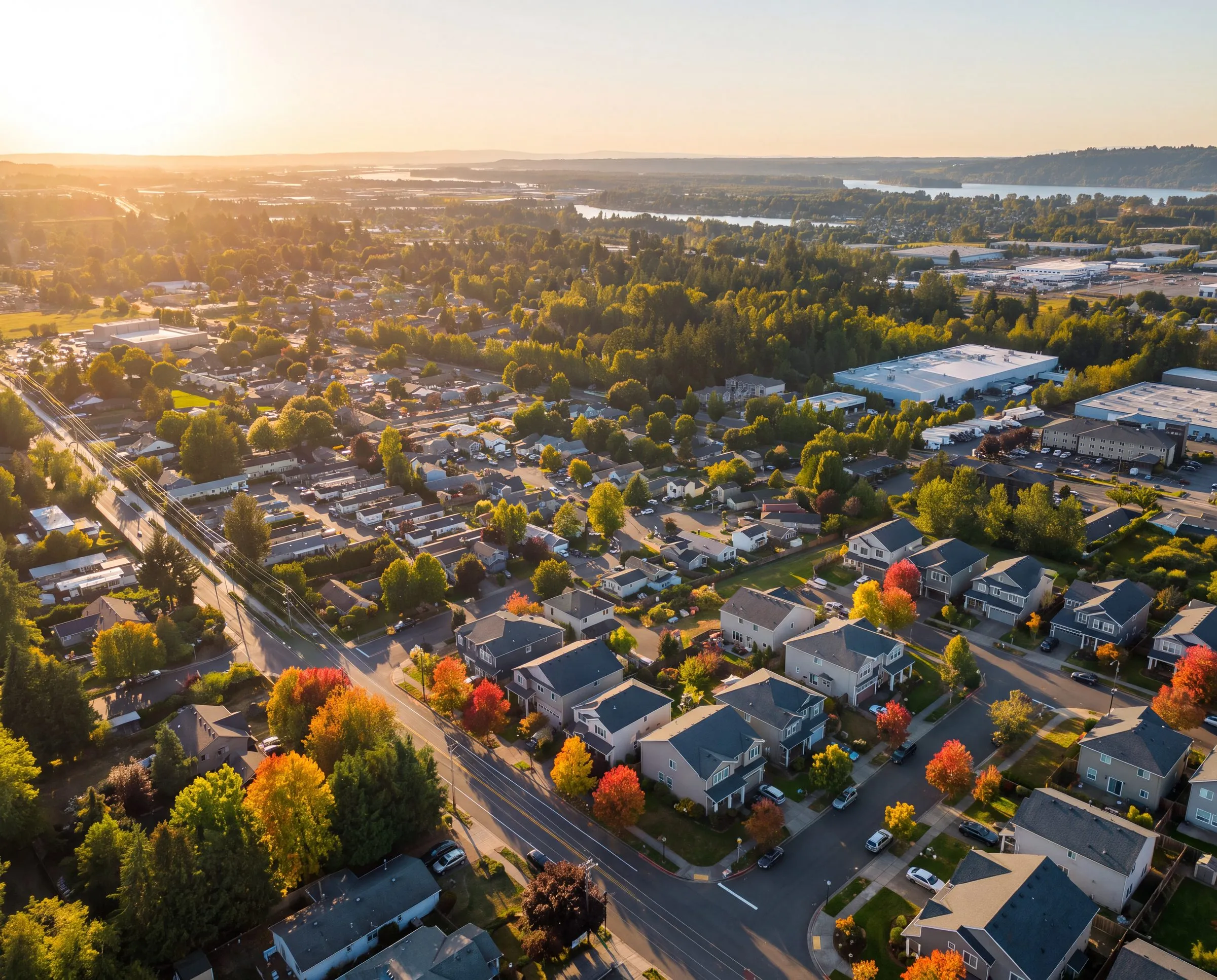An aerial view of Wood Village, Oregon, in autumn color with the river beyond